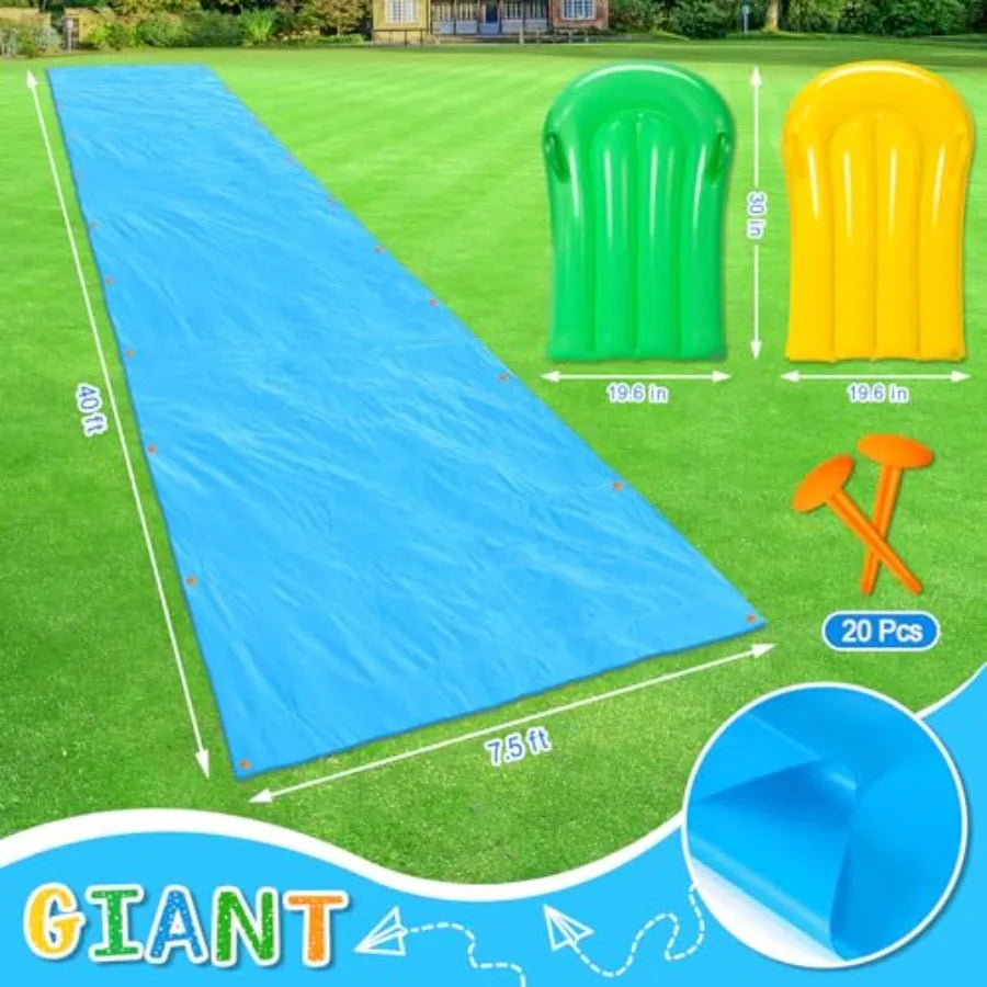 40'x7.5' Slip Lawn Water Slide - Giant Outdoor Backyard Summer Party Water Slide with 2 Bodyboards and 20 Stakes Heavy Duty PVC