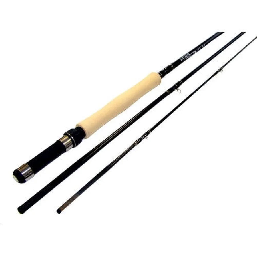 Fly fishing rod for freshwater use, graphite material, silver color, lightweight and sensitive design