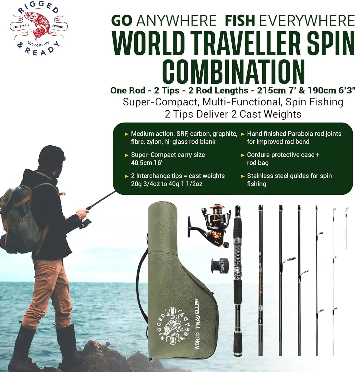 Super Compact Travel Fishing Rod and Reel Combo - 7ft Spinning Rod, 4 Tips, Saltwater Freshwater, Carry Case