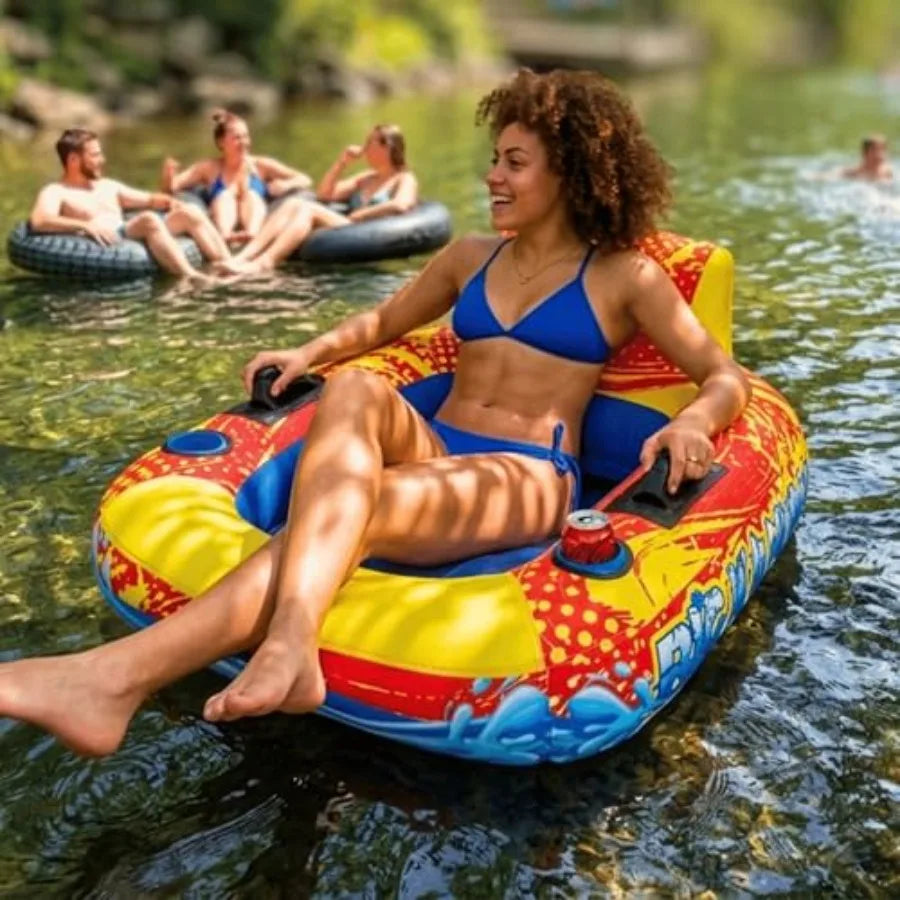 Heavy Duty Inflatable River Tube Float for Adults Fabric Covered Pool Lake Lounger Raft with Backrest Cup Holder Durable PVC Un