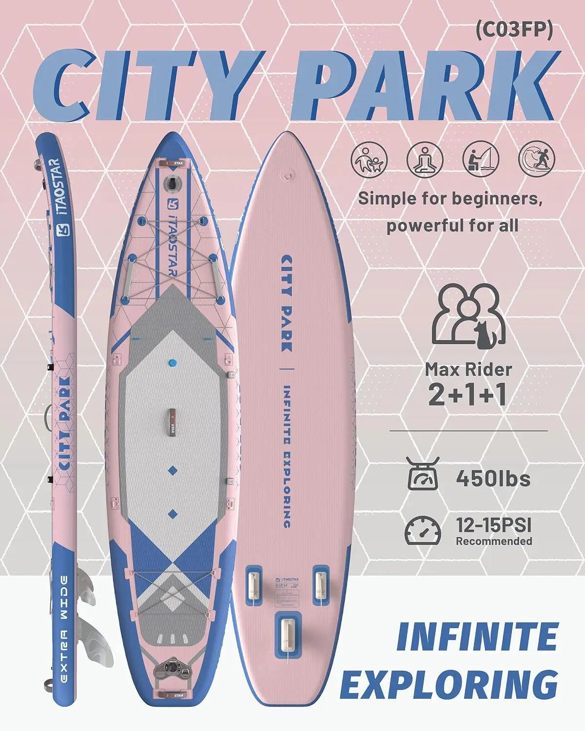 City Park 12'×35" Extra Wide Paddle Board with Seat, One-Stop Premium SUP Board Gears, Tailored 5 Fins, Stable Inflatable Stand