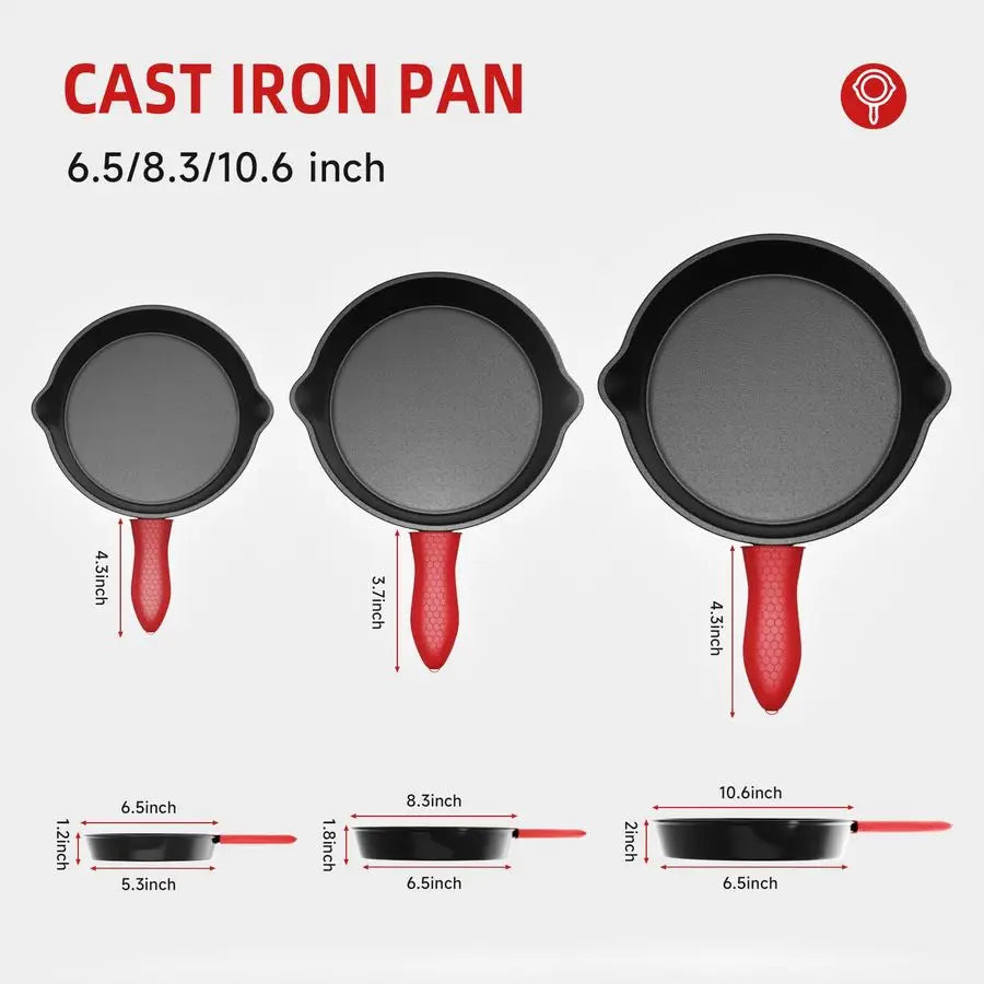 piece set, cookware set 6, 8, 10 Inches, for frying, saute, ampmore, easy use in the oven, stove, grill, or campfire, black, wit