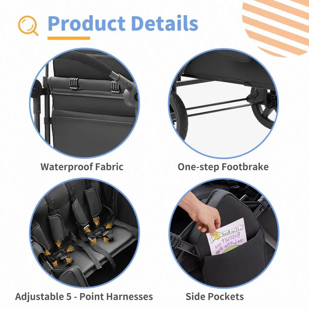 Wagon for 4 Kids, 4 Seater Wagon Stroller Featuring 4 High Seat with 5Point Harnesses and Adjustable Canopy, Foldable Double Pu
