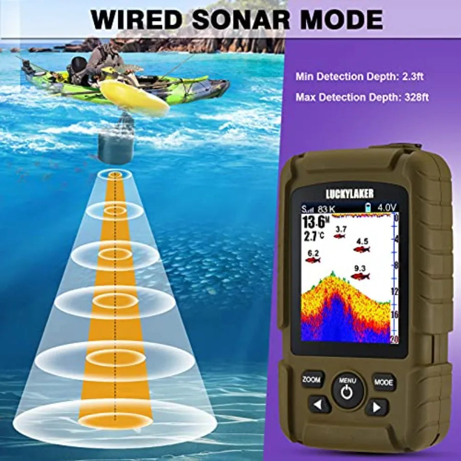Handheld fish finder for boats and shore fishing, LCD display, black housing with blue backlight, wireless waterproof transduce