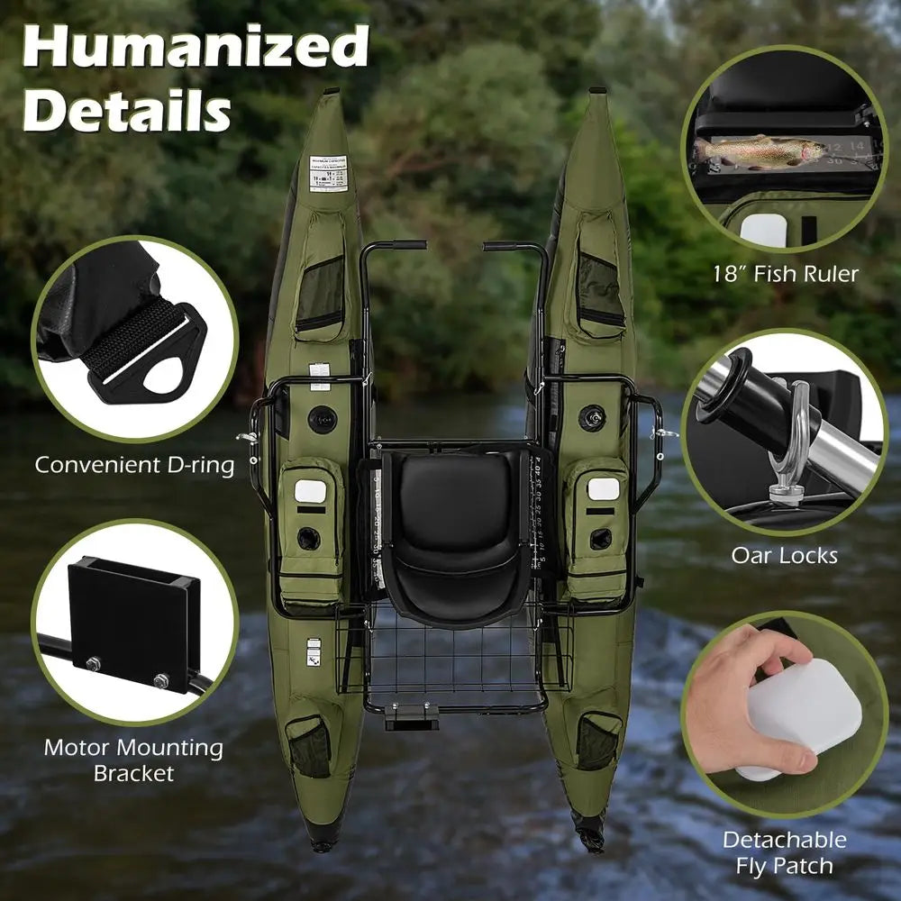 Inflatable Fishing Float Tube, Pontoon Boat w Foldable Padded Seat, Adjustable Footrest, Pump, Paddles, Fish Ruler, Storage Bas
