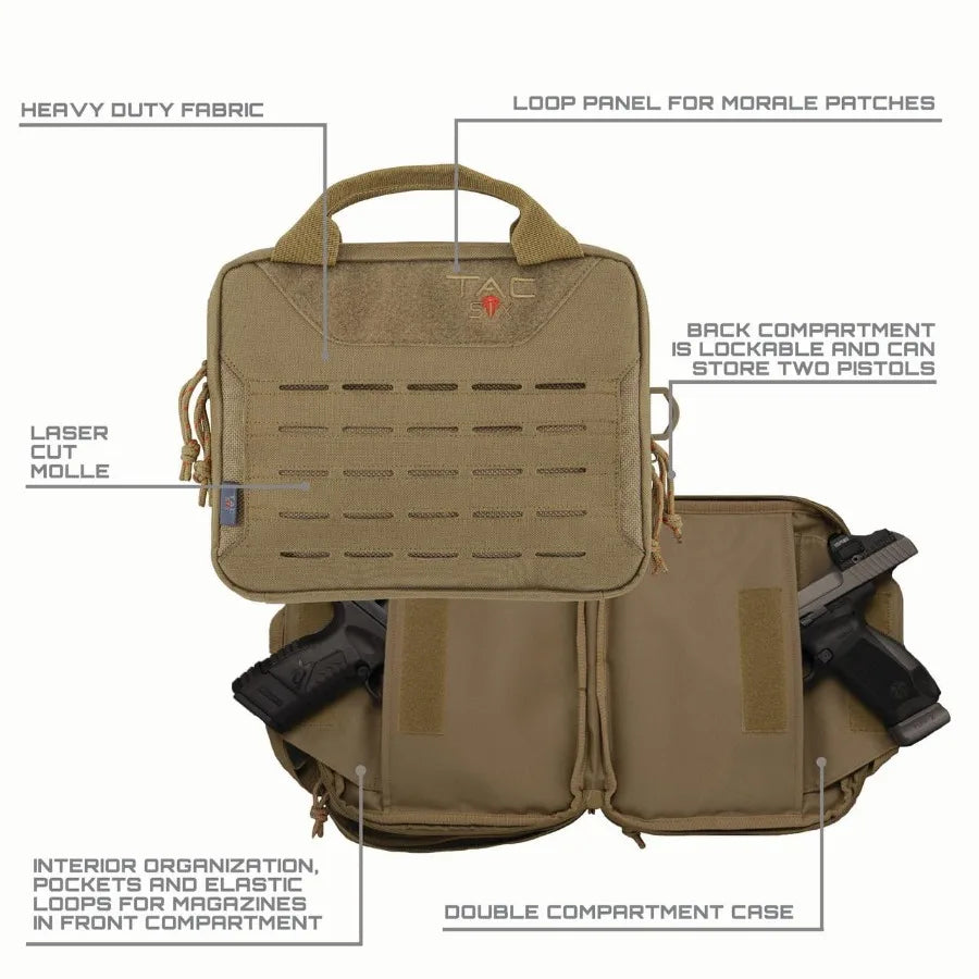 Tac-Six Crew 2-Firearm Case for Tactical Use, 10L x 8W, Coyote Brown, Durable Water-Resistant Nylon with Padded Interior and Qu