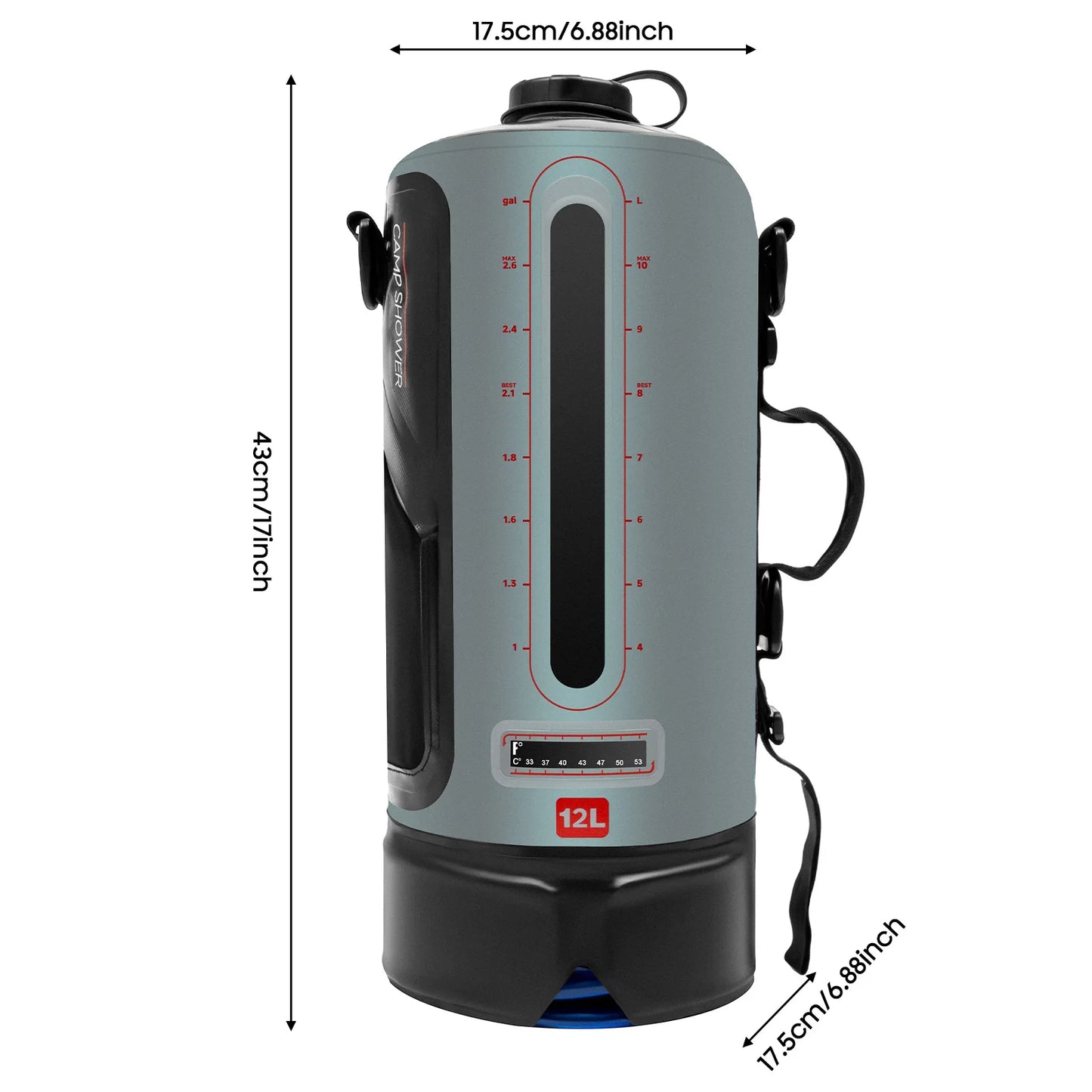 12L Camping Shower, Suitable for Camping, with Pump and 1.8 m Hose, Maximum Temperature 53 °C, Camping Shower, Solar Shower, Camping, Ideal for Garden, Car Washing, Beach, Travel and Pet Care