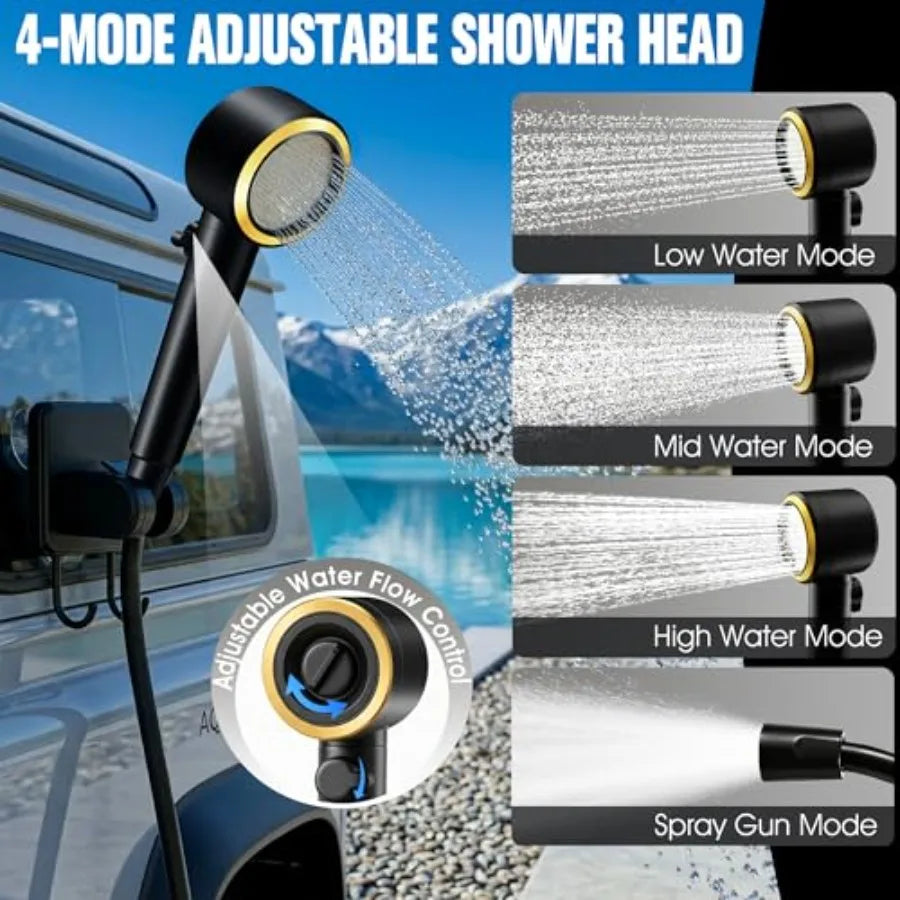 Portable Shower for Camping, 8000mAh Rechargeable Portable Camping Shower Pump with 6.6 Gallons Foldable Bucket, 5 Speed and LE