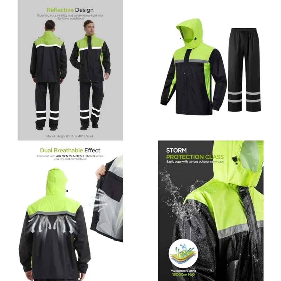 Mens Rain Suits with Air Vents Reflective Waterproof Rain Gear Breathable Jacket Pants for Work Golf Fishing Hiking