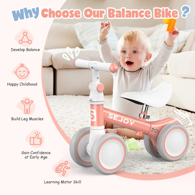 SEJOY Baby Balance Bike Ride Toy for 1-3 Year Adjustable Seat,,Pedal-free 4-Wheels Baby Toddler, Sturdy Steel Frame, Non-Slip Handles, Soft PU Seat, Indoor Outdoor Play, First Birthday Gift for Toddler Boys Girls