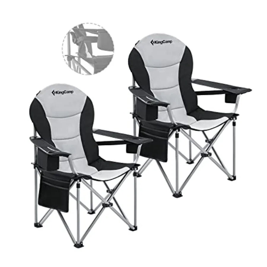 Folding Portable Camping Chairs Padded Quad Arm Chair with Cooler Bag, Cup Holder and Side Pocket, Heavy Duty Supports 300 lbs