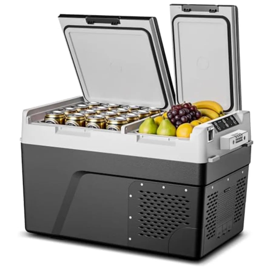 Car refrigerator for travel, camping, RV, home use; black ABS plastic; -468 dual-zone cooling; 12/24V DC 100-240V AC portable e