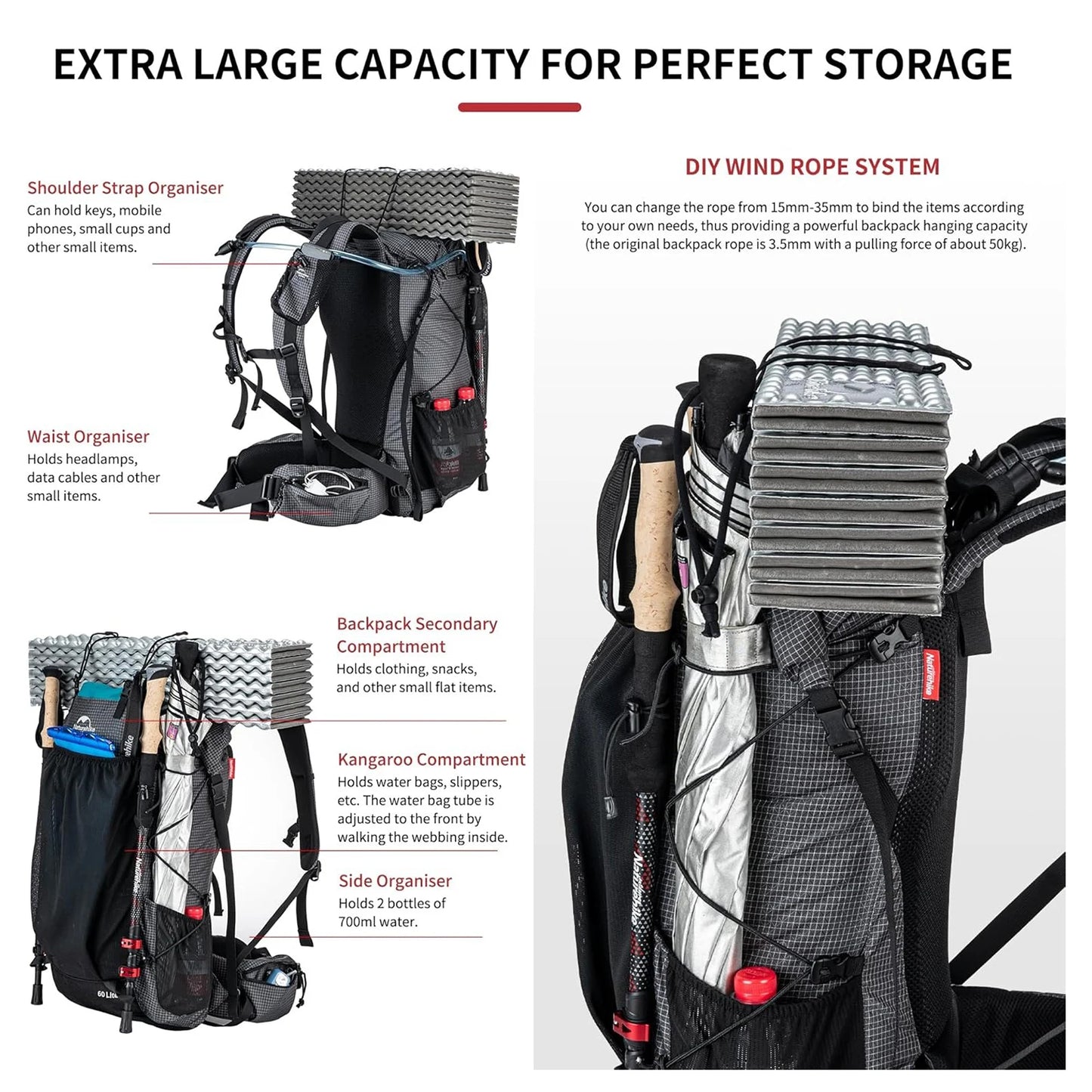 Naturehike 40L 60L Waterproof Hiking Backpack Internal Frame Camping Climbing Cycling Backpack Outdoor Sport Bag with Rain Cover