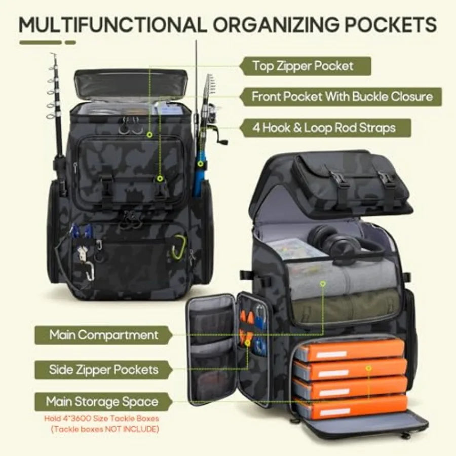 Fishing Backpack, 45L Large Fishing Bag with 4 Rod Holders and Insulated Cooler Professional Fishing Tackle Backpack with Rain