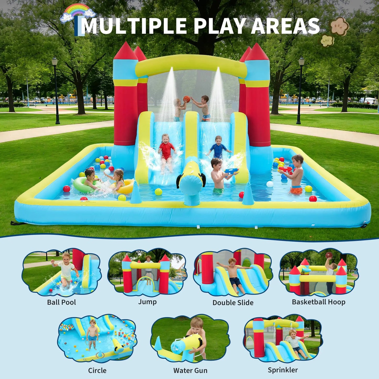 7-in-1 Kids Inflatable Bounce House Water Slide With Splash Pool, Basketball Hoop & 350W Blower, Outdoor Backyard Water Park