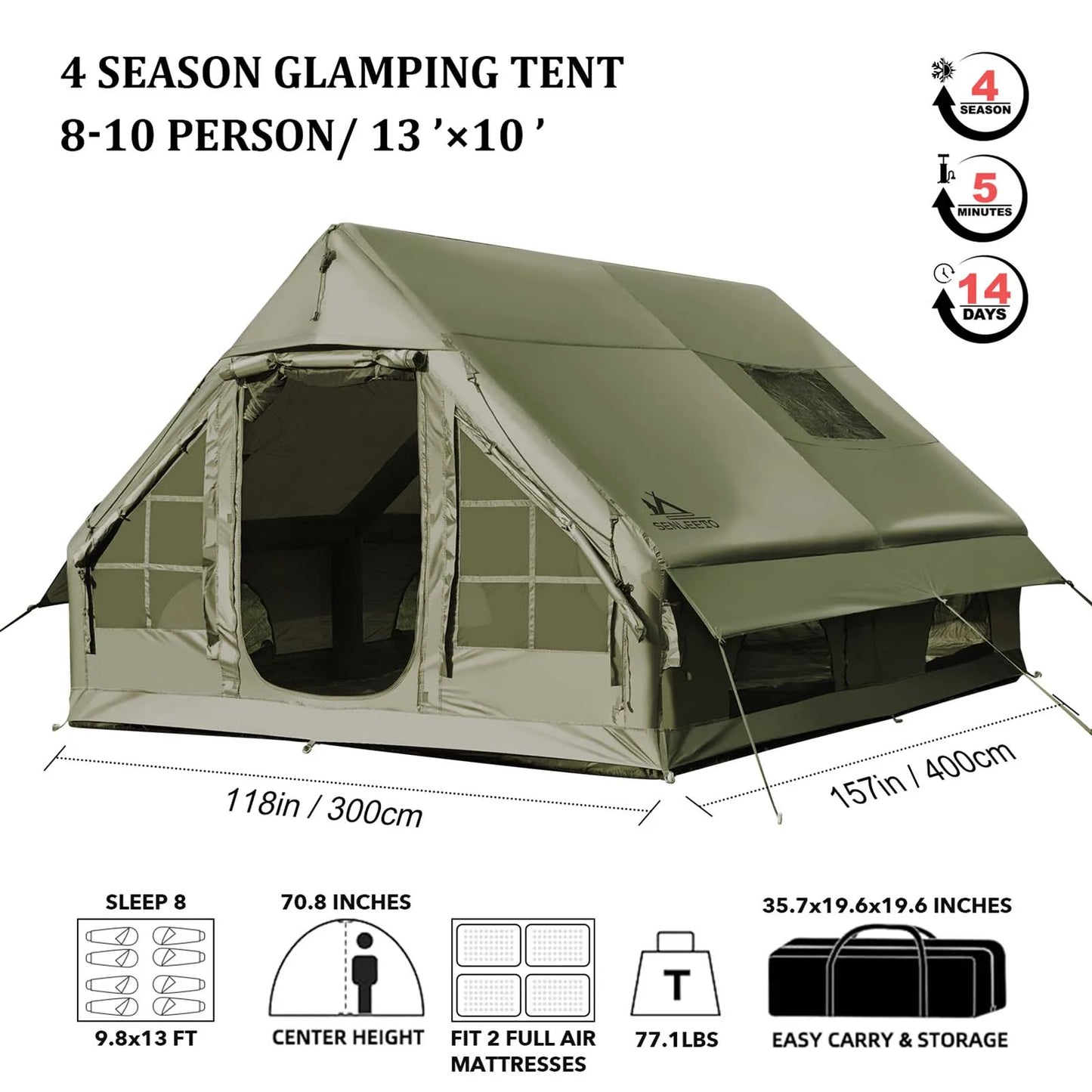 Portable Inflatable Camping Tent 2/4/6/8 Person for Family 420D Oxford Inflatable Tent House with Skylight 4 Seson Blow up Tent with Stove Jack AC Vent Mesh Window