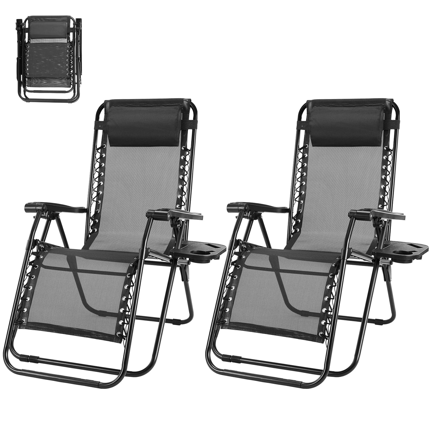 MCQ Outdoor Zero Gravity Chairs Set of 2 Folding Recliner Beach Camping Patio Lounge Chair with Cup Holder and Adjustable Pillow