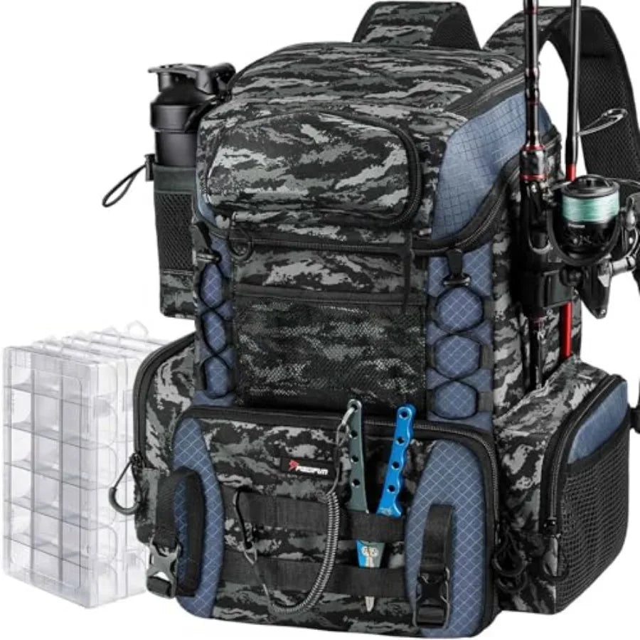 Fishing Tackle Backpack with Rod Holders and 4 Tackle Boxes, 42L Outdoor Fishing Bag with Waterproof Rain Cover