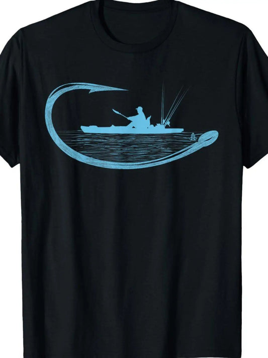 Men'S Kayak Fishing Graphic T Shirt Casual Cotton Crew Neck Tee with Angler Fish Hook Design Short Sleeve Black Sizes