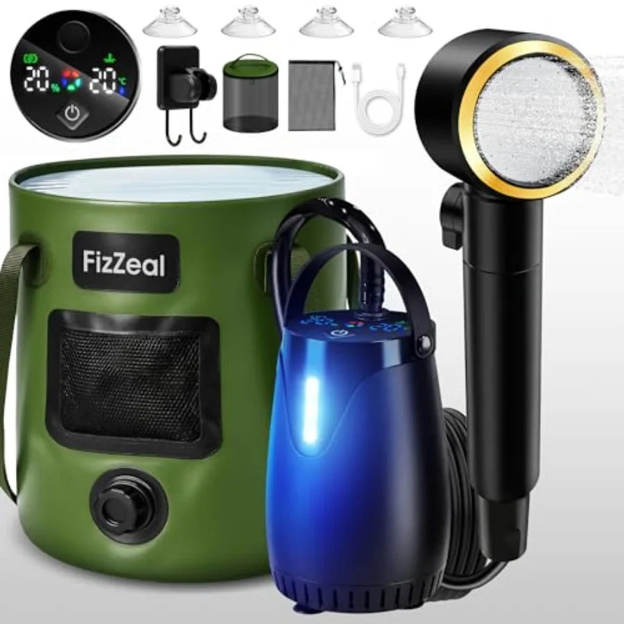 Portable Shower for Camping, 8000mAh Rechargeable Portable Camping Shower Pump with 6.6 Gallons Foldable Bucket, 5 Speed and LE