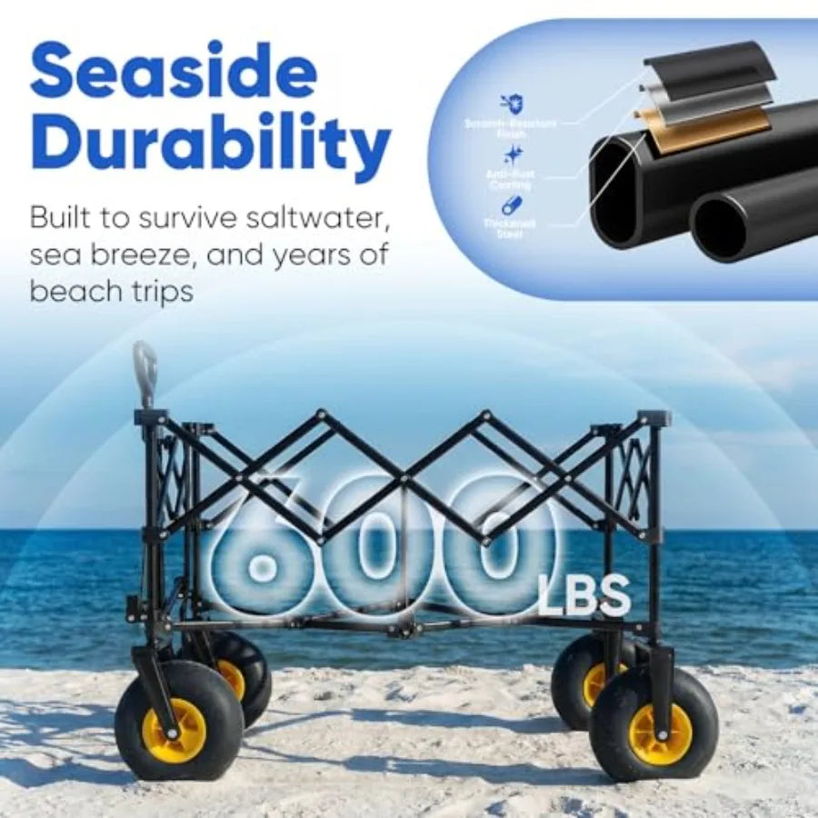 Heavy Duty Beach Wagon with 9 Sand-Proof All-Terrain Wheels 600lb Capacity 200L Oversized Foldable Cart for Sand Camping Grocer