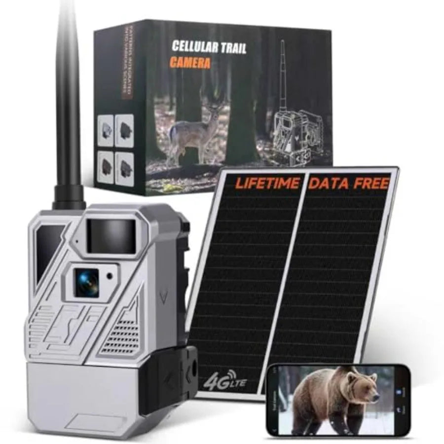 Wildlife hunting trail camera for outdoor use, rugged ABS plastic body, black color, no subscription fee with lifetime data-fre