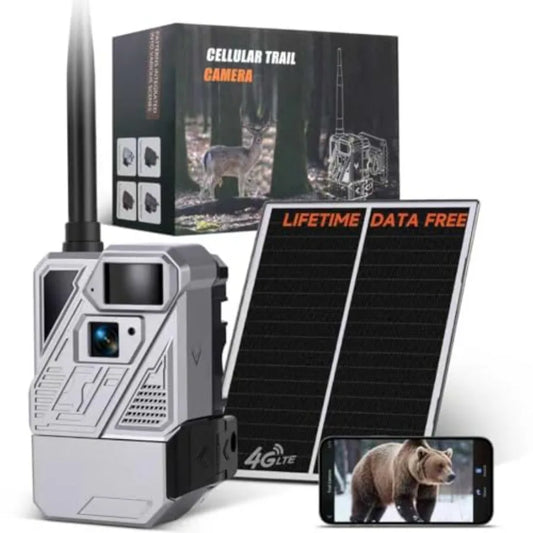 Wildlife hunting trail camera for outdoor use, rugged ABS plastic body, black color, no subscription fee with lifetime data-fre