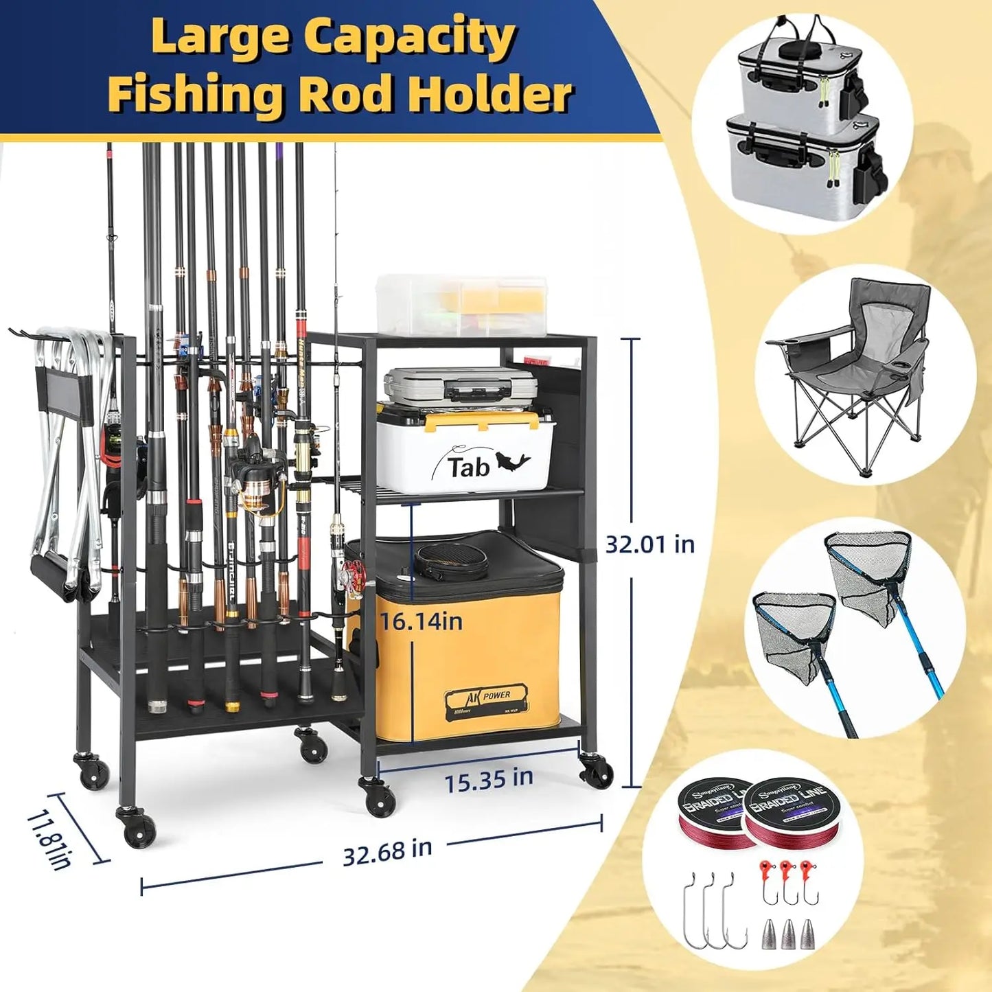 Rolling Fishing Rod Rack for Garage & Boat, Tackle Box & Reel Holder Cart, Easy Assembly Gear Management System
