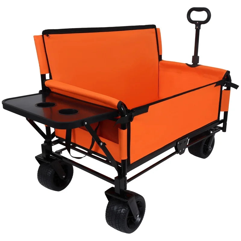 3-in-1 Heavy-Duty Folding Wagon with Bench Seat and Foldable Tabletop, 500lbs Capacity, All-Terrain Wheels for Camping, Beach, Garden, Orange