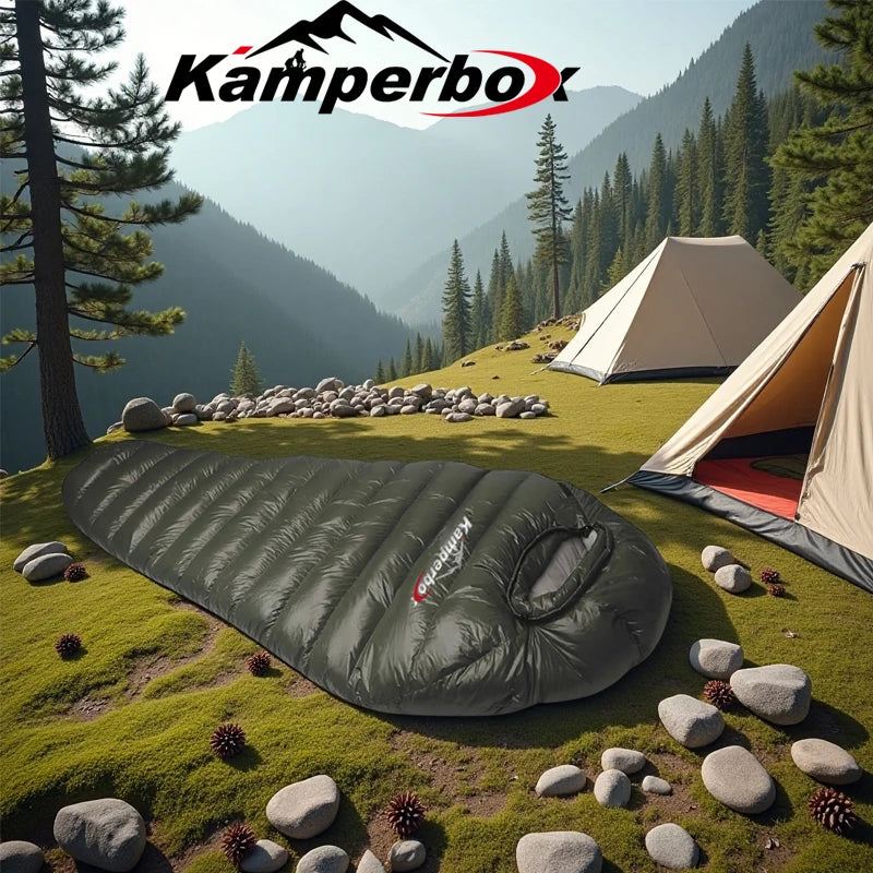 Kamperbox AM1500 Outdoor Camping Down Sleeping Bag 20D Nylon Shell Polyester Pongee Lining Lightweight Warm Mummy Sleeping Bag for Winter Camping