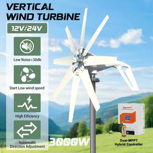 3000W Small Windmill 8 Blades Wind Turbine Generator Kit 12/24/48V with Wind-Solar Hybrid Controller High efficiency Free Energy
