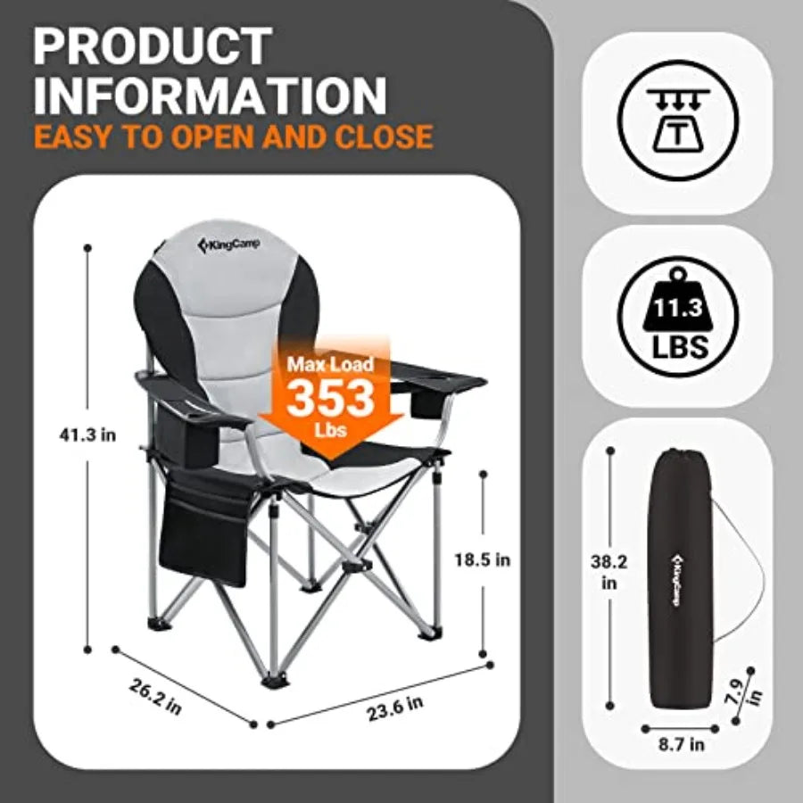 Folding Portable Camping Chairs Padded Quad Arm Chair with Cooler Bag, Cup Holder and Side Pocket, Heavy Duty Supports 300 lbs