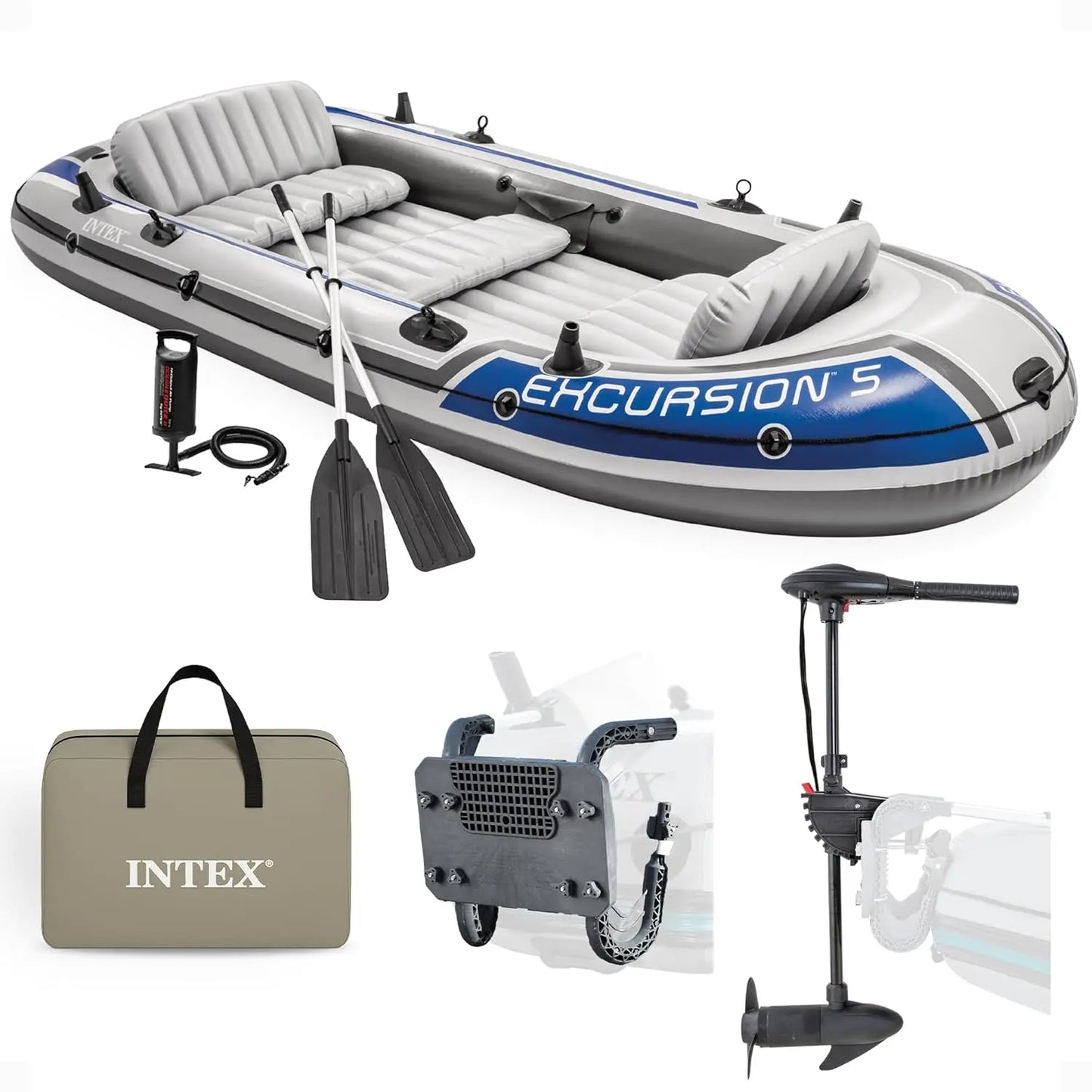 Excursion 5 Person Inflatable Boat Set with 2 Aluminum Oars and Pump,  12V Transom Mount Boat Trolling, and Motor Mount, Custom