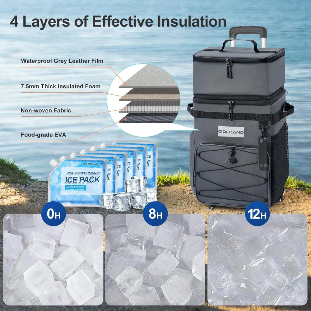 72 Can Rolling Cooler Bag with Wheels & Handle, Collapsible Insulated Ice Chest for Beach, Camping & Tailgating - Portable Travel Soft Cooler on Wheels
