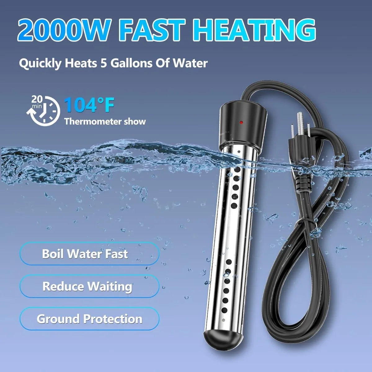Portable Camping Shower with Rechargeable Battery Immersion Heater LED Display for Outdoor Travel Pet Car Plant Use