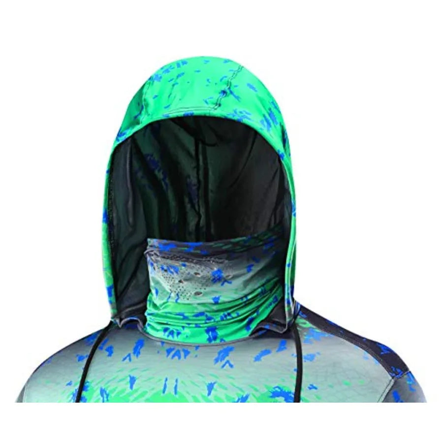 Performance Fishing Hoodie with Face Mask UPF50 Sunblock Shirt Hooded Long Sleeve with Drawstrings Pocket