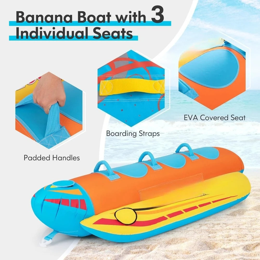 Inflatable Towable Tubes for Boating,1-2/1-3 Rider Hot Dog Tube for Boat to Pull, Water Sports Banana Boat with EVA-Padded Seats