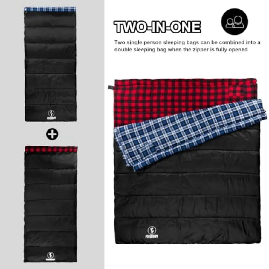 Flannel Sleeping Bag Cold Weather for Adults XL Camping Cotton Sleeping Bag 4 Season Big and Tall, Waterproof with Compression