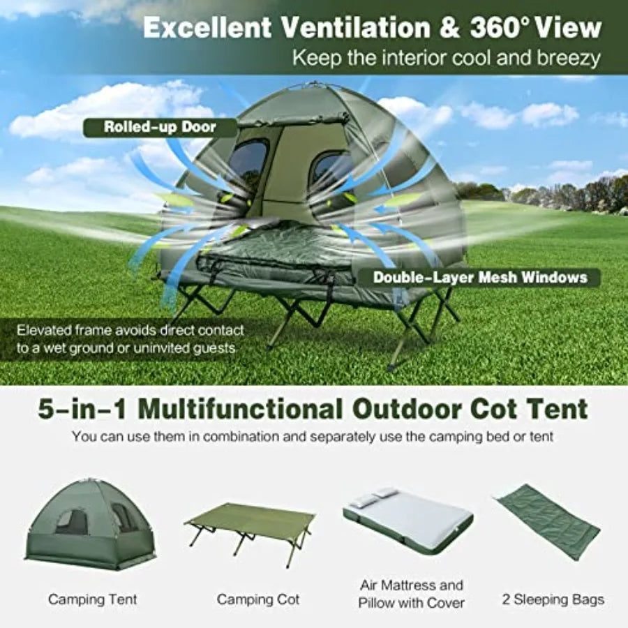 2-Person Foldable Elevated Camping Tent with Air Mattress Sleeping Bag Portable Dome Tent Cot for Hiking Camping Picnic in Grey