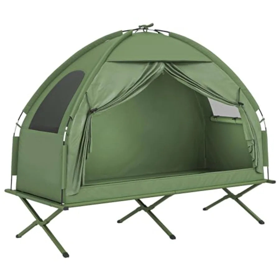 Camping Tent Cot: Off-Ground Single-Person Folding Cot Combo with Waterproof Polyester Tent, Gray/Black, Lightweight Compact fo