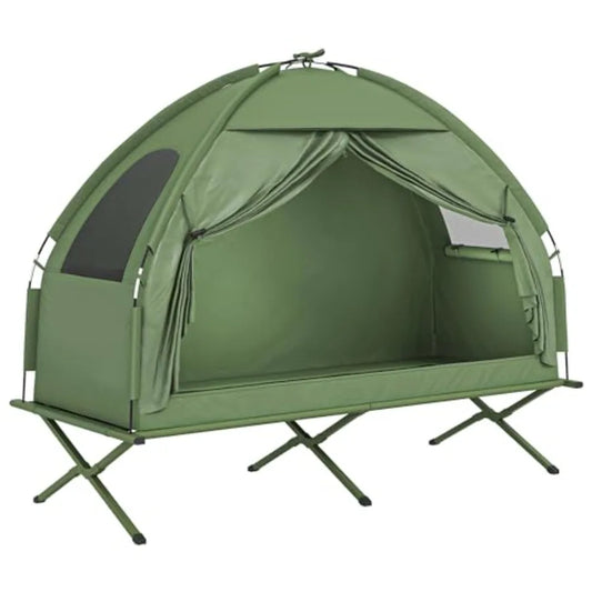 Camping Tent Cot: Off-Ground Single-Person Folding Cot Combo with Waterproof Polyester Tent, Gray/Black, Lightweight Compact fo