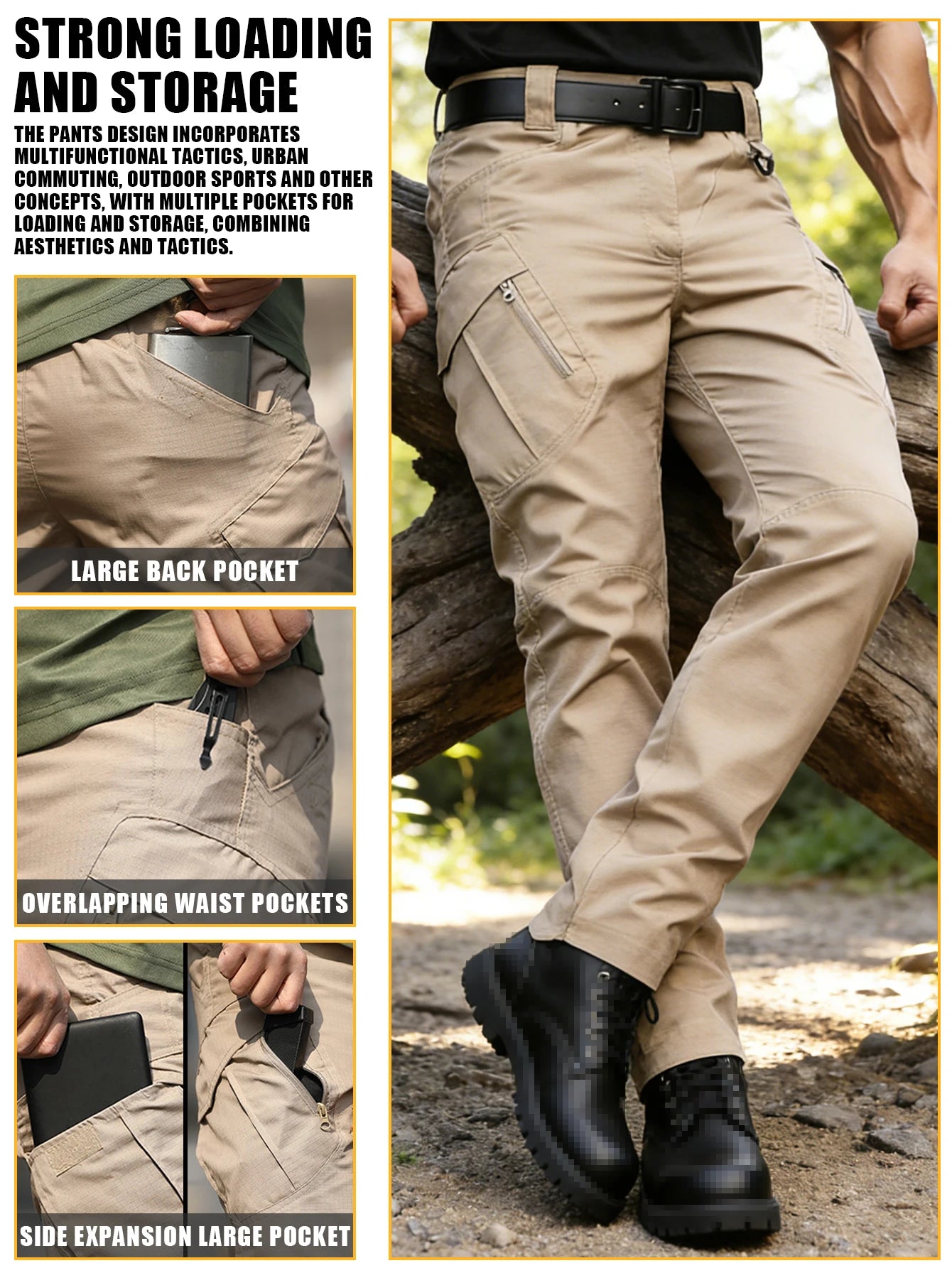 Khaki Tactical Cargo Work Pants for Men, Durable Ripstop Multi Pocket Outdoor Hiking Pants, Water Resistant Utility Trousers