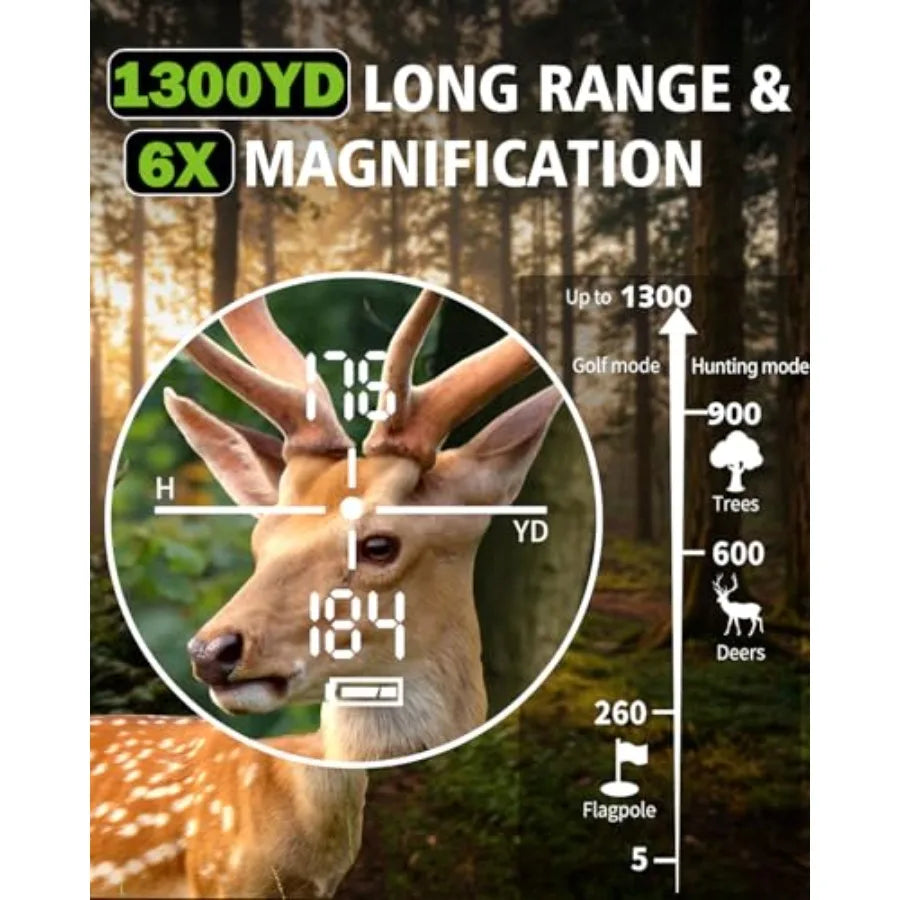 Golf Hunting Laser Rangefinder 1300 Yards 6X Magnification Flag Lock Vibration IPX4 Waterproof USB-C Rechargeable Black