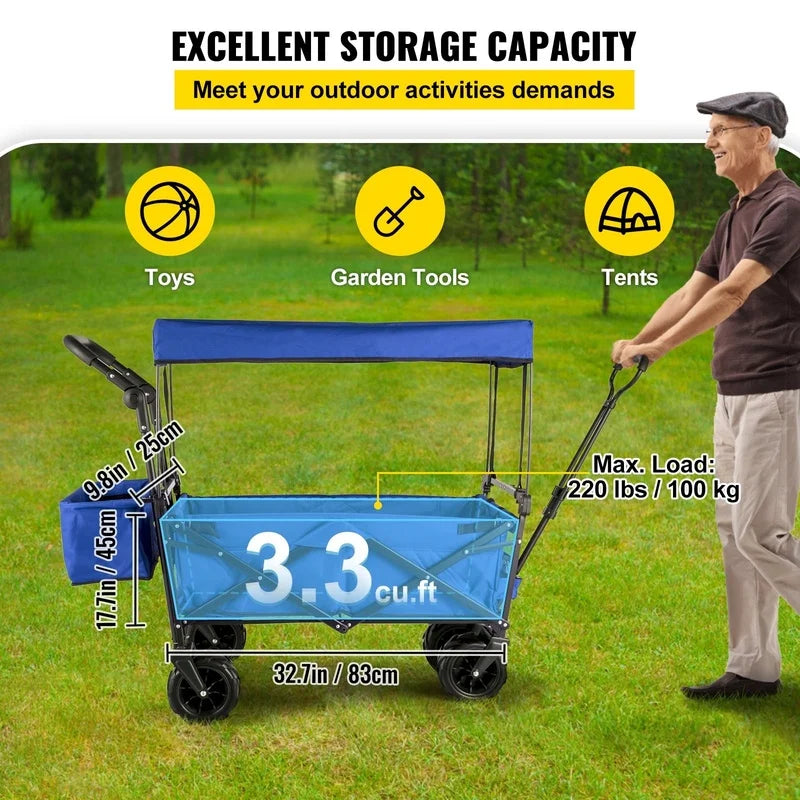 Blue Collapsible Garden Cart with Removable Canopy, Folding Wagon for Garden, Camping, Grocery, Shopping