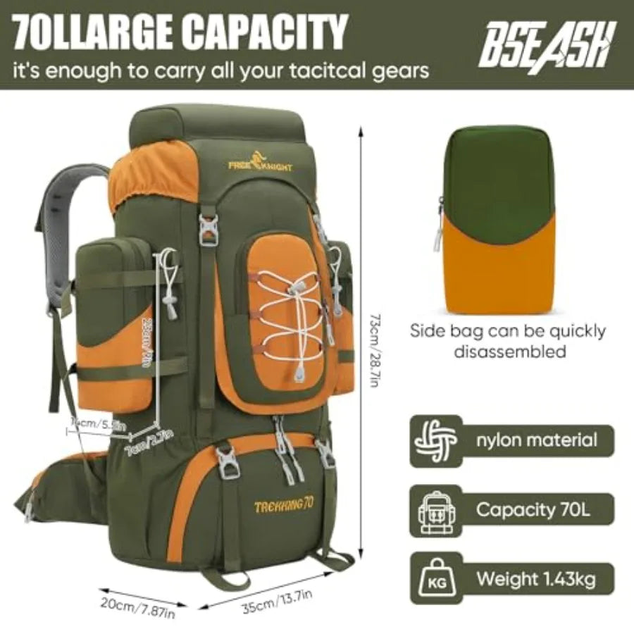 70L 65+5 Waterproof Hiking Camping Backpack with Rain Cover, Outdoor Sport Travel Daypack for Climbing Touring