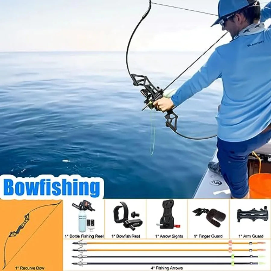 40lbs Bow Fishing Combo Kit Archery Recurve Bow Set for Adult Beginners with Bottle Fishing Reel and Carbon Arrows Ideal for Hu