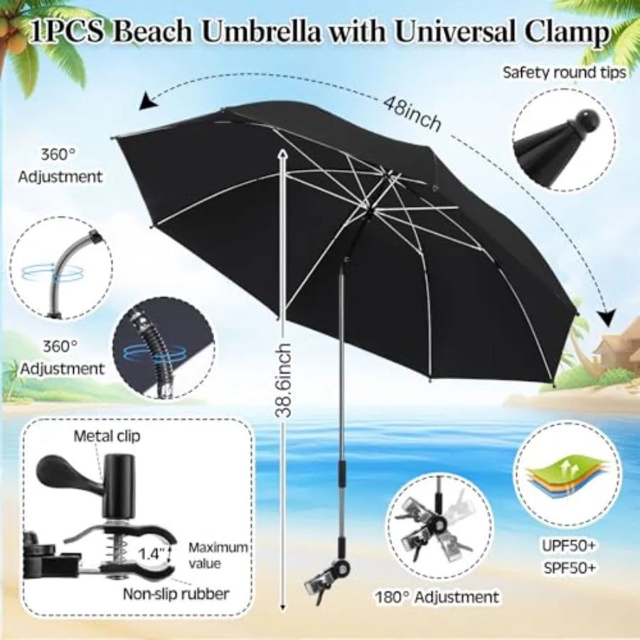 2 in 1 Beach Chair with Umbrella Folding Camping Reclining Chair with Sunshade Headrest Footrest 4 Position Adjustable Mesh Lou