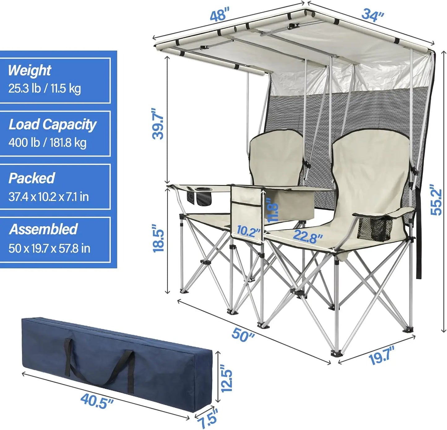 Double Camping Chair with Canopy, Loveseat Camping Chair,Folding Beach Chair with Cup Holder Cooler Bag for Sports Beach Outside