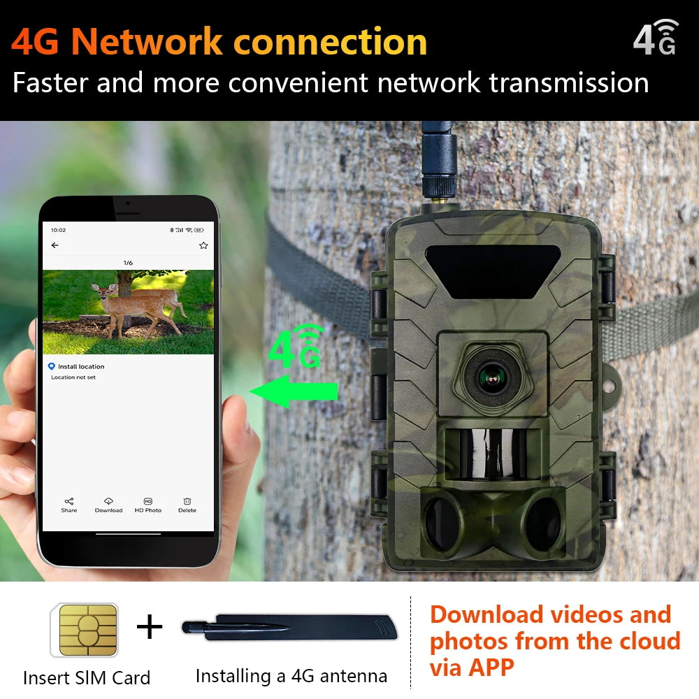 4G APP-Controlled 60MP 1296P Hunting Tracking Camera Wireless Wildlife Camera with 0.2S Night Vision Trigger Trail | Deer Camera Ideal Gift Americas version Bulit-in SIM Card Free 32G Card