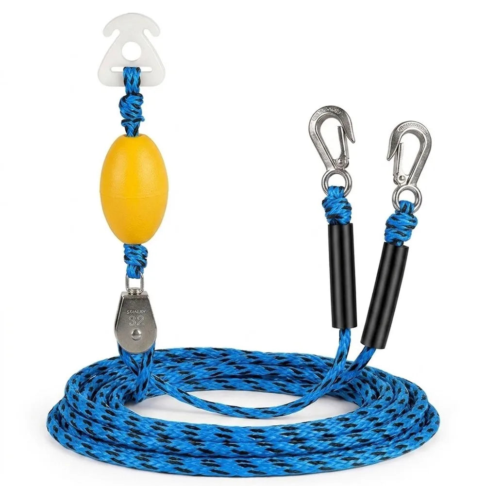 Water Sports Tow Rope with Dual Hook Pulley System for Kayak Surfboard and Raft Towing up to 4800 lbs Breaking Strength